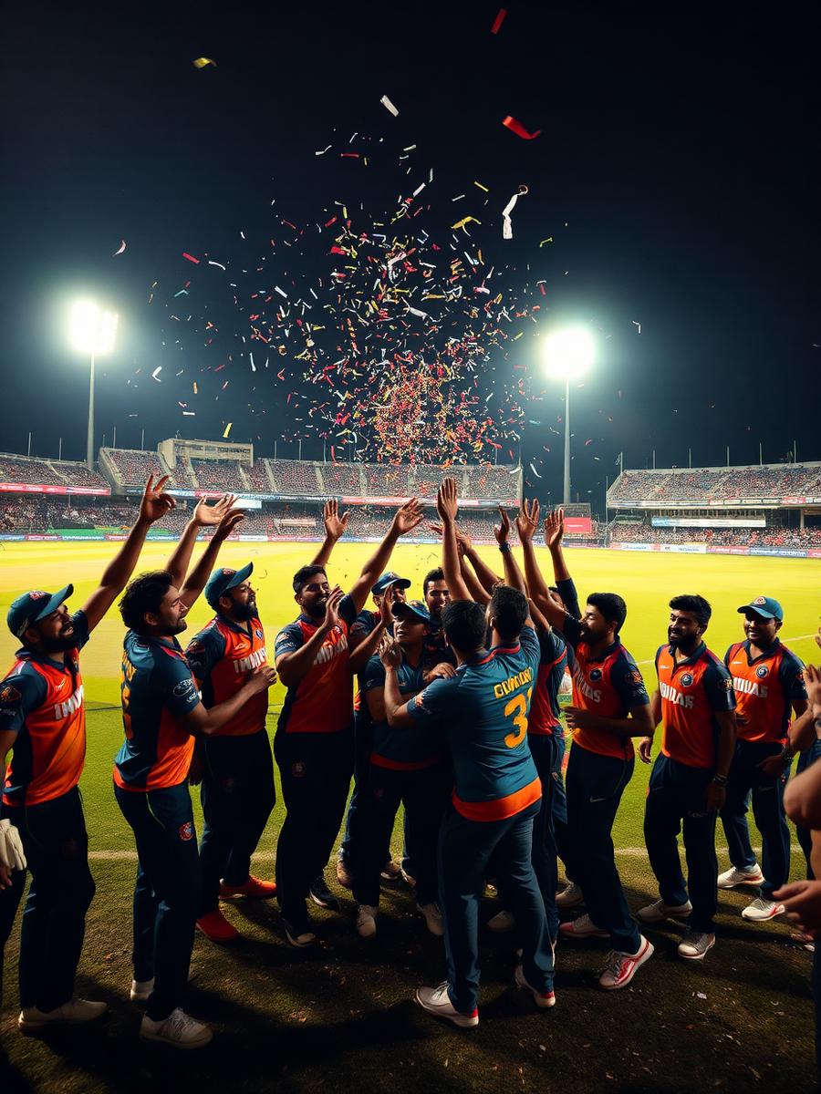 Cricket team celebrating a tournament win under floodlights